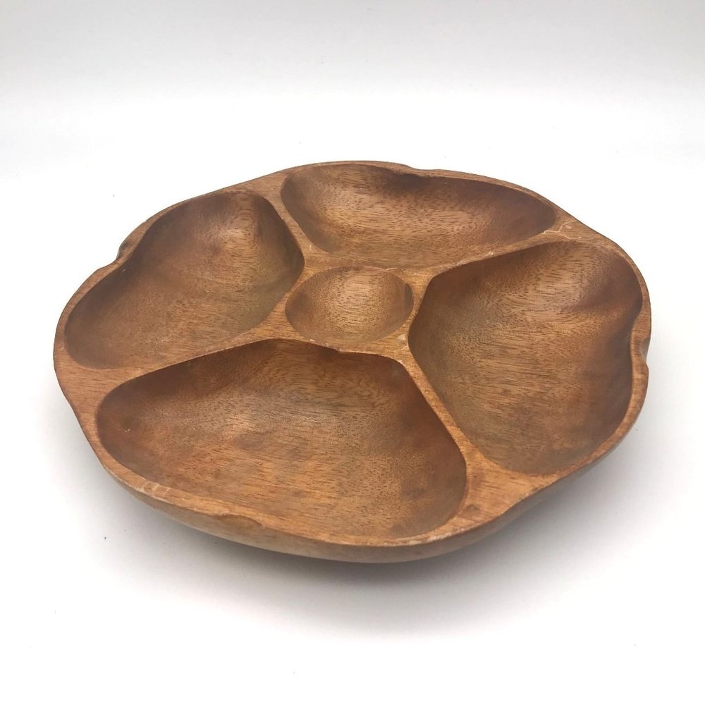 Vintage Monkey Pod Divided Plate in Floral Design, Handmade Wood Dish